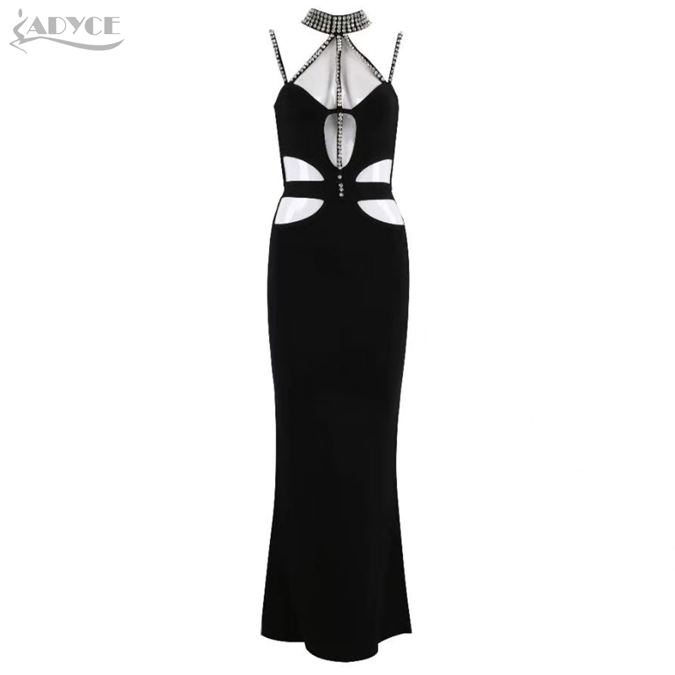 Summer Women Black Bandage Dress Sexy Spaghetti Strap Diamond Hollow Out Club Maxi Celebrity Party Vestidos 210423