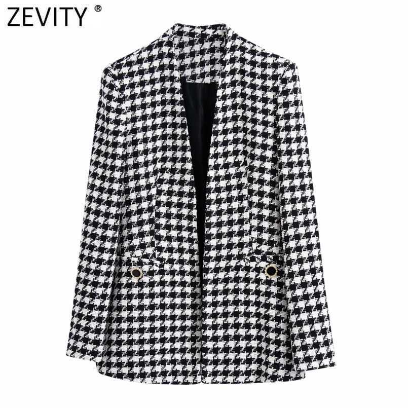 Zevity Women Vintage Houndstooth Plaid Print Open Stitching Tweed Woolen Coat Female Chic Outwear Slim Jackets Tops CT781 211104