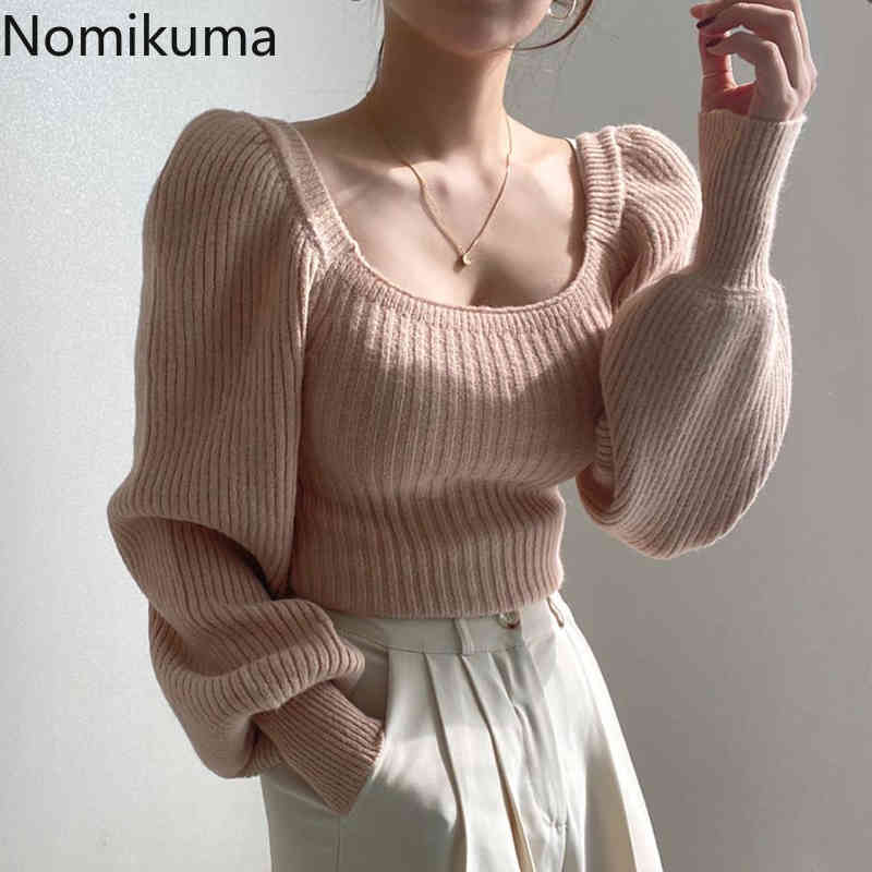 Nomikuma Korea Chic Autumn Winter Women Sweater Square Collar Puff Long Sleeve Causal Knitted Pullover New Pull Femme 6C870 210427