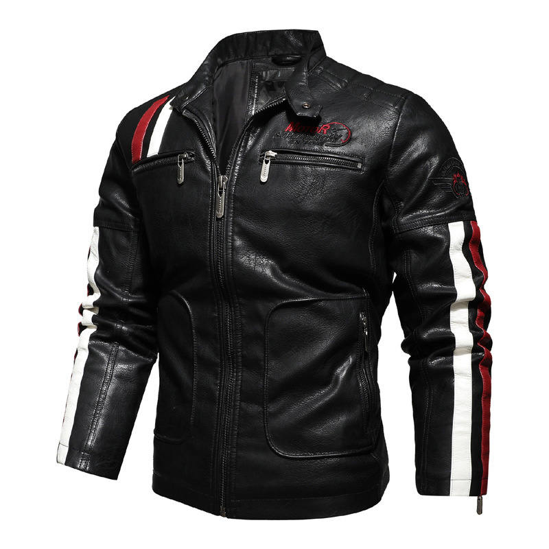 Red and white vertical strip stitching motorcycle wind men's leather jacket high-quality stand-up collar retro comfortable windproof fa, Black
Red and white vertical strip stitching motorcycle wind men's leather jacket high-quality stand-up collar retro comfortable windproof fa, Black