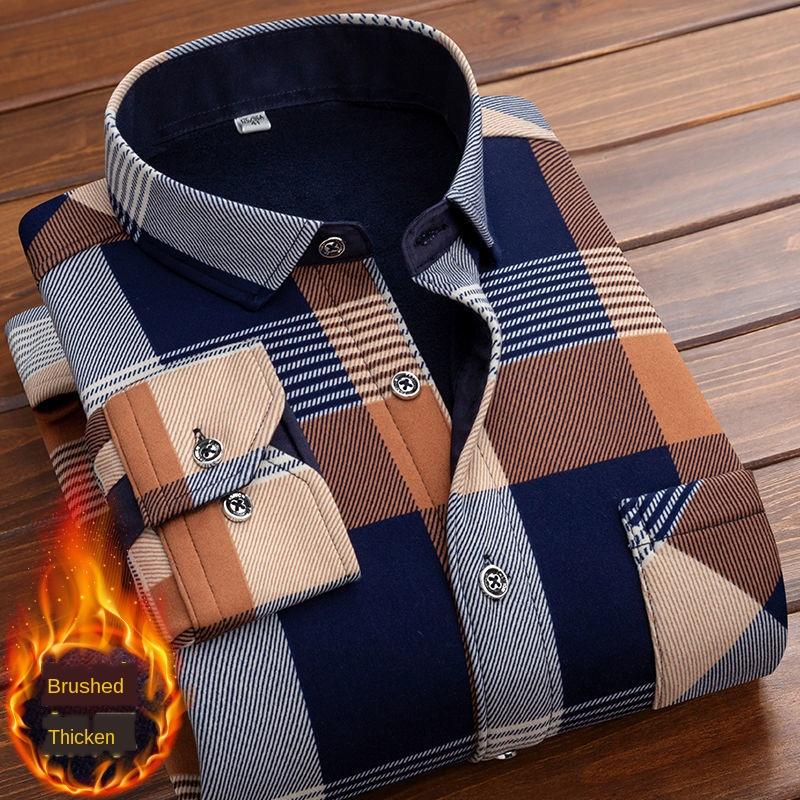 Men's Casual Shirts Autumn Winter Thick Velvet Dress Shirt For Men Long Sleeve Warm Fleece Lining Fashion Soft Flannel 4XL 5XL