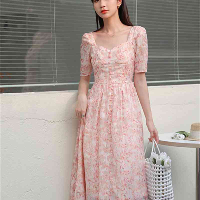 Summer Women Elegant Square Collar Short-Sleeved Chiffon Dress Korean Fashion High Waist Floral Print Vintage Midi Dresses 210519