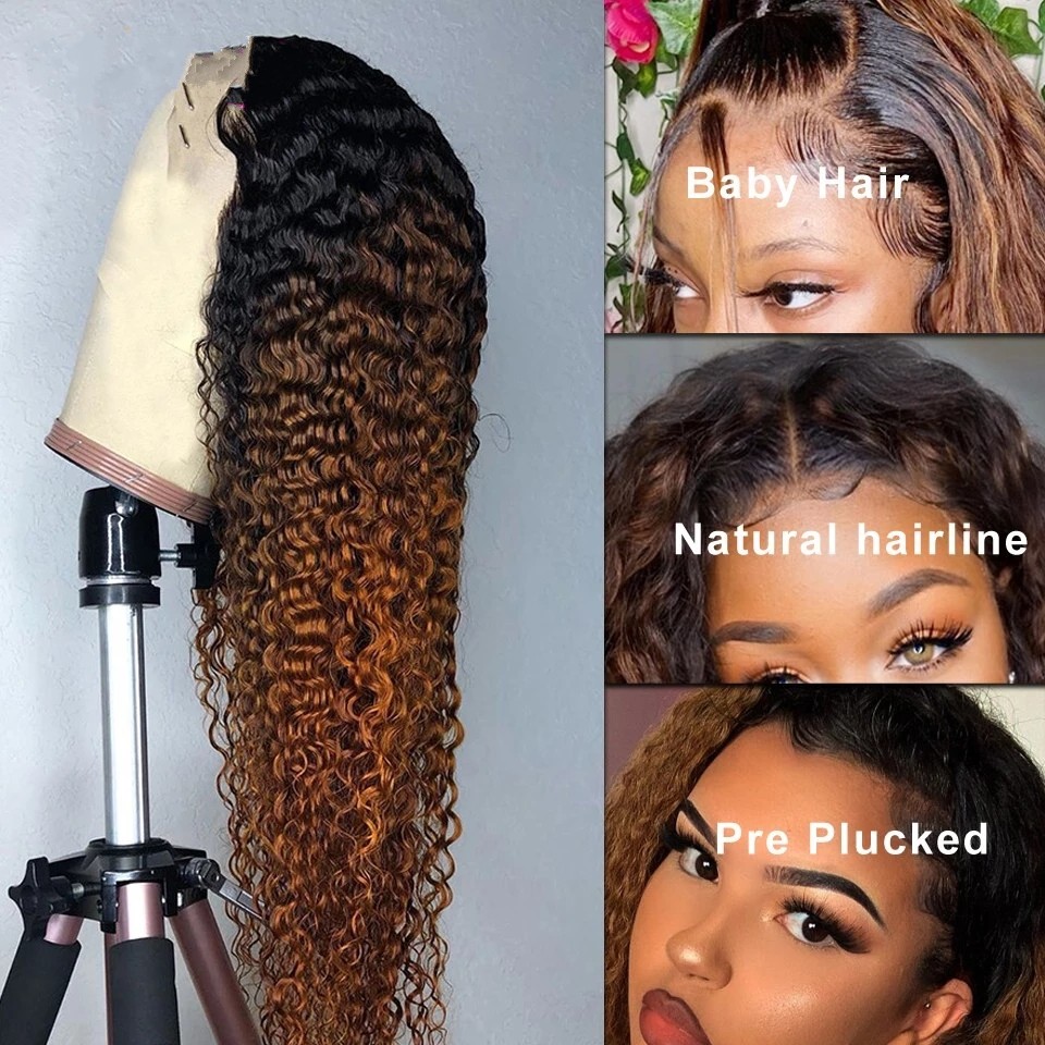 Light/Media/Dark Brown Curly Wigs For Black Women Brazilian Human Hair Long Deep Wave Synthetic Lace Front Wig
