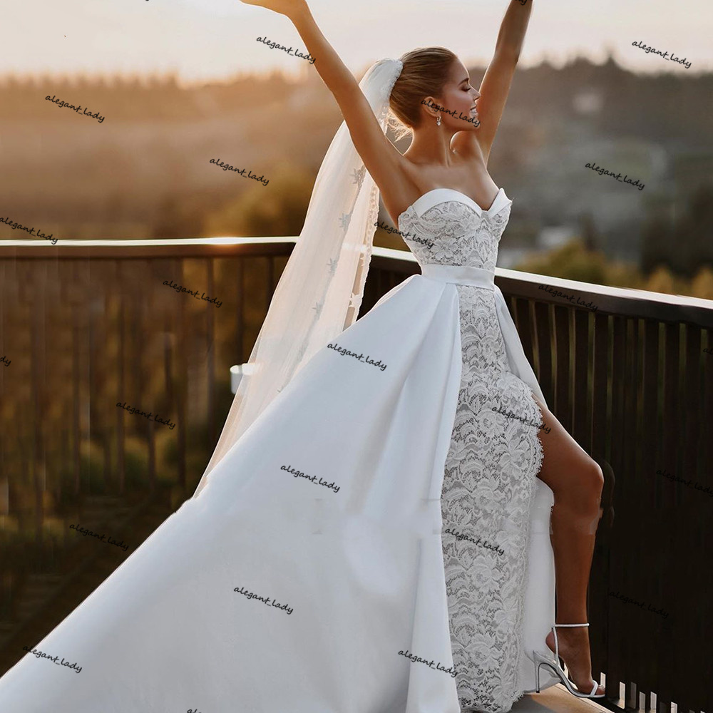 Sweetheart Mermaid Wedding Dresses with Detachable Train 2021 Lace Stain Sexy Slit Country Beach Outdoor Bride Dress robes de mariage