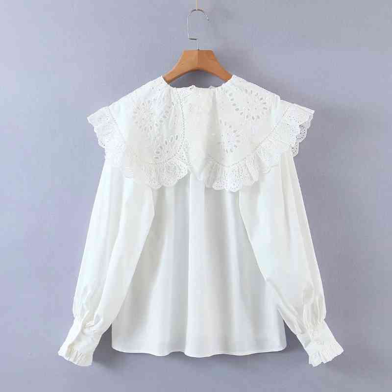Women Hollow Embroidery Turndown Collar White Shirts Female Long Sleeve Blouses Casual Lady Loose Tops Blusas S8277 210430