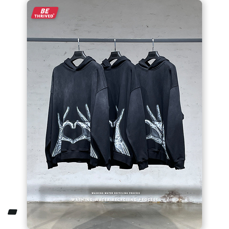 be menswear | 2021 autumn skeleton refill printing spray monkey used sweater men's high street fashion hoodie, Black