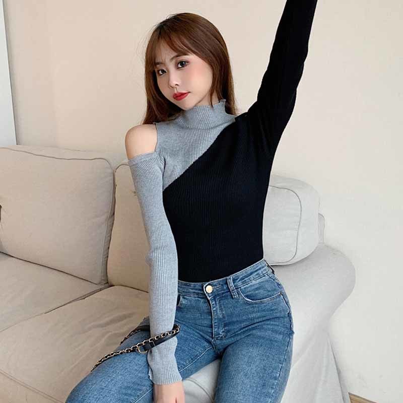Contrast Off-shoulder Turtleneck Autumn Fashion Chic Knitted Sweaters Long Sleeve Pullover Plus Size Women Bottoming Shirt 12211 210518