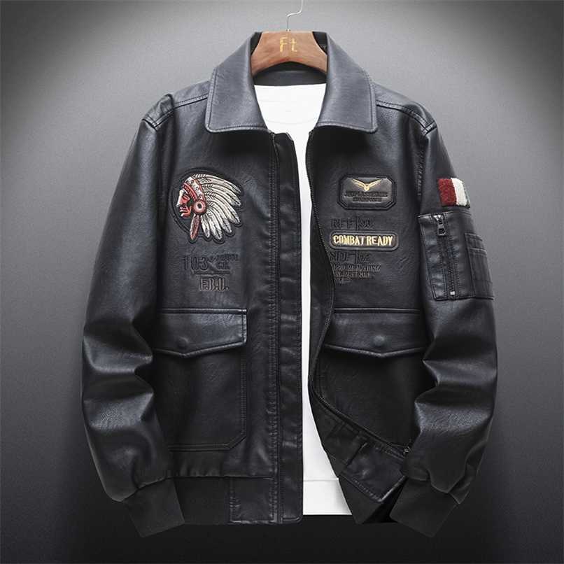 Autumn Men 's Retro Leather Jackets Embroidery Outwear Casual Motorcycle Pu Jacket Biker Leather Windbreaker Multi-pockets 211119