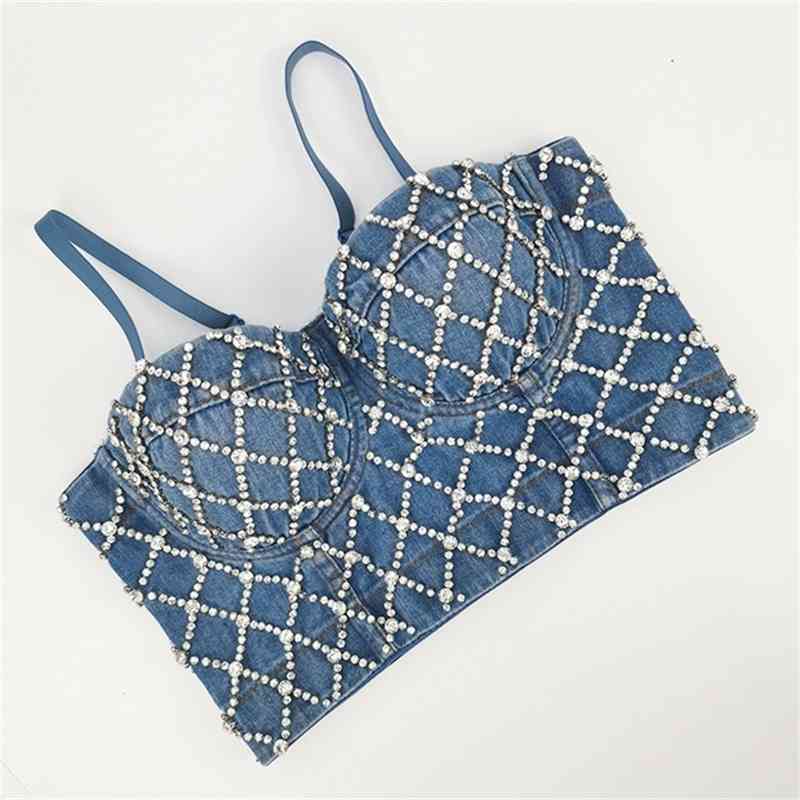 sexy bodycon crop tops crystal chains denim blue slim srapless camis women summer streetwear sweet young style 210421