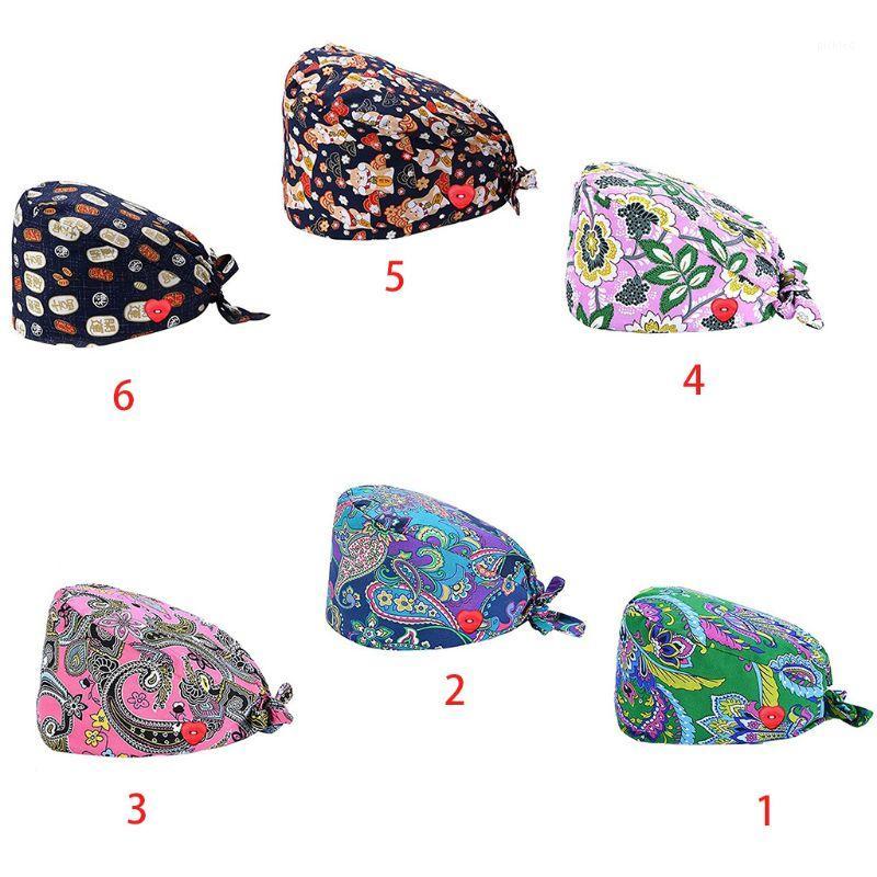 

Women Ethnic Paisley Buttons Scrub Cap Wtih Holder Ties Protect Ears Work Bouffant Hat