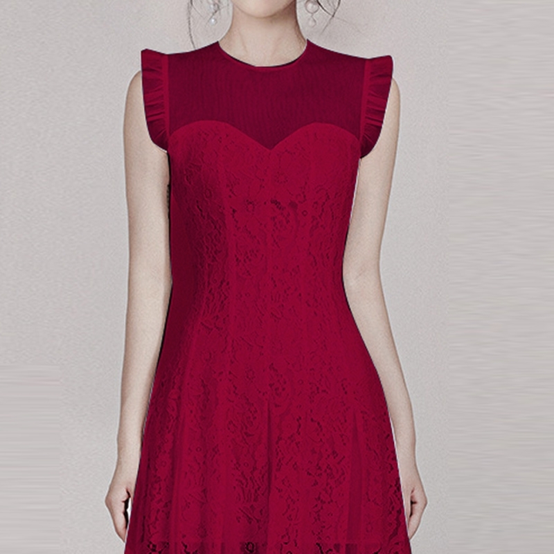 Elegant Party Dress Women Sleeveless High Waist Hollow Out Patchwork Lace Dresses Female Summer Fashion 210520