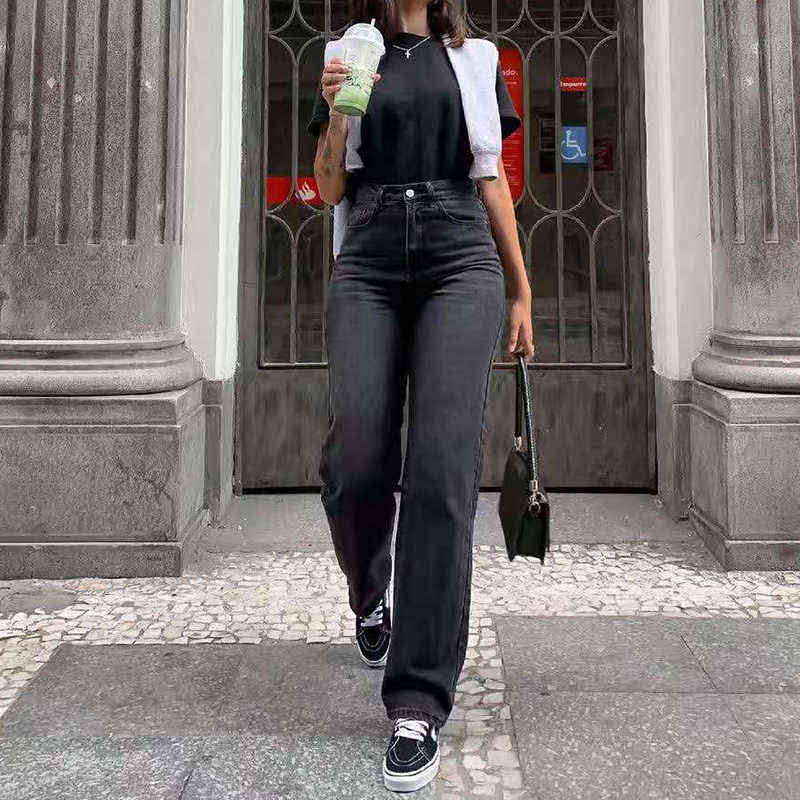 Women's Pants Black Jeans Women Baggy Fashion Washed Denim Trousers Straight Mom High Waist Streetwear 211129