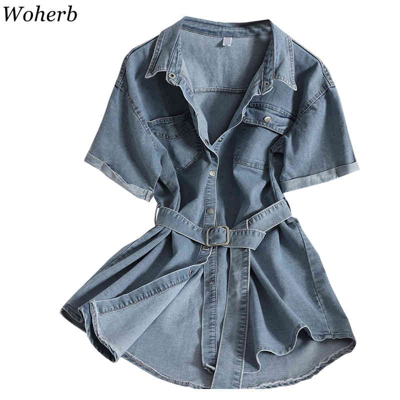 Fashion Denim Mini Dress Women Casual All Match Summer Korean Vestidos Slim Fit Pocket Bodycon Short Sleeve Shirt Dresses 210519