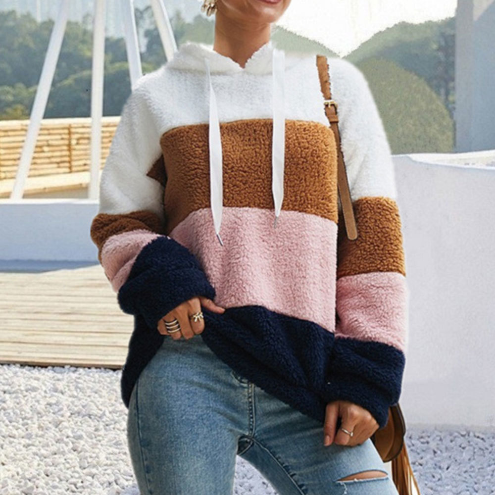 Women Hit Color Striped Hoodies Elegant Autumn Winter Loose Sweatshirts Plus Size Fluffy Fleece Pullover 210428