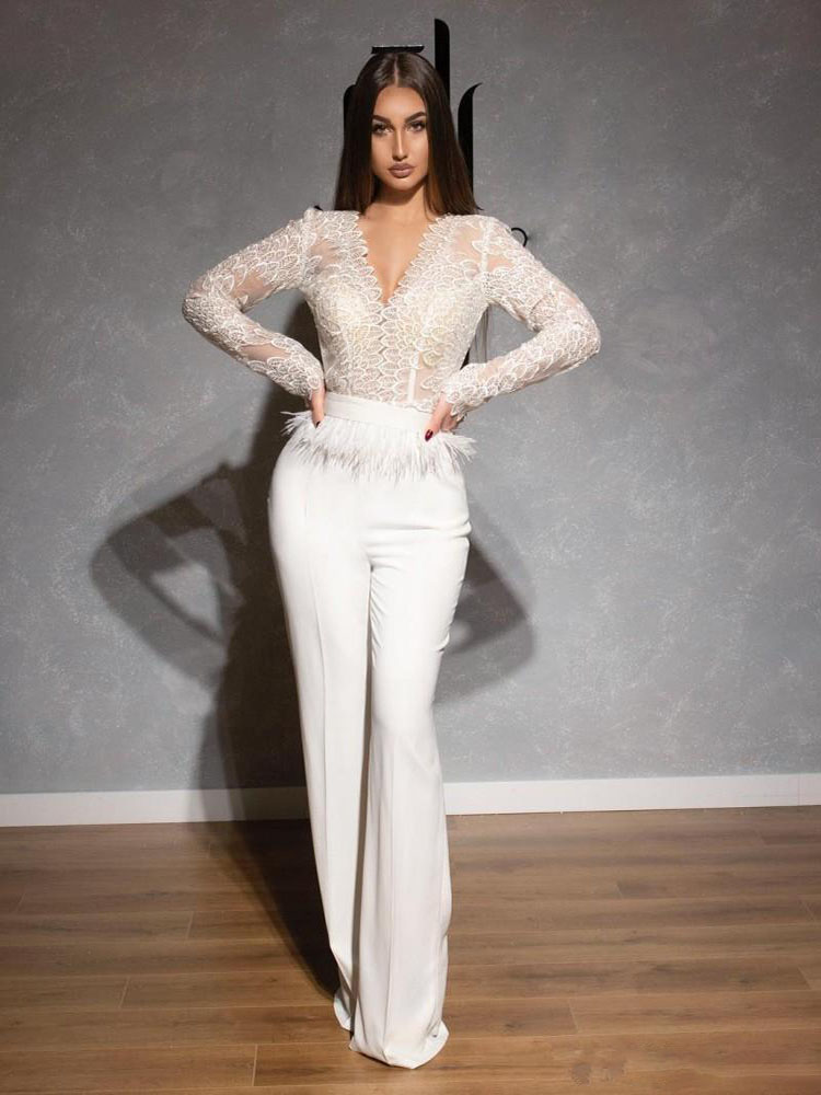 Lace Jumpsuits Prom Dresses V Neck Long Sleeve Feather Dubai Arabic Satin Celebrity Evening Gowns Pantsuits Formal Pageant Dress