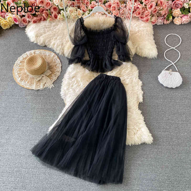 Neploe 2 Piece Set Women Gauze Patchwork Pleated Crop Tops Slim Big Swing Skirt Korean Sweet Suit Summer Femme Roupas 4i392 210422