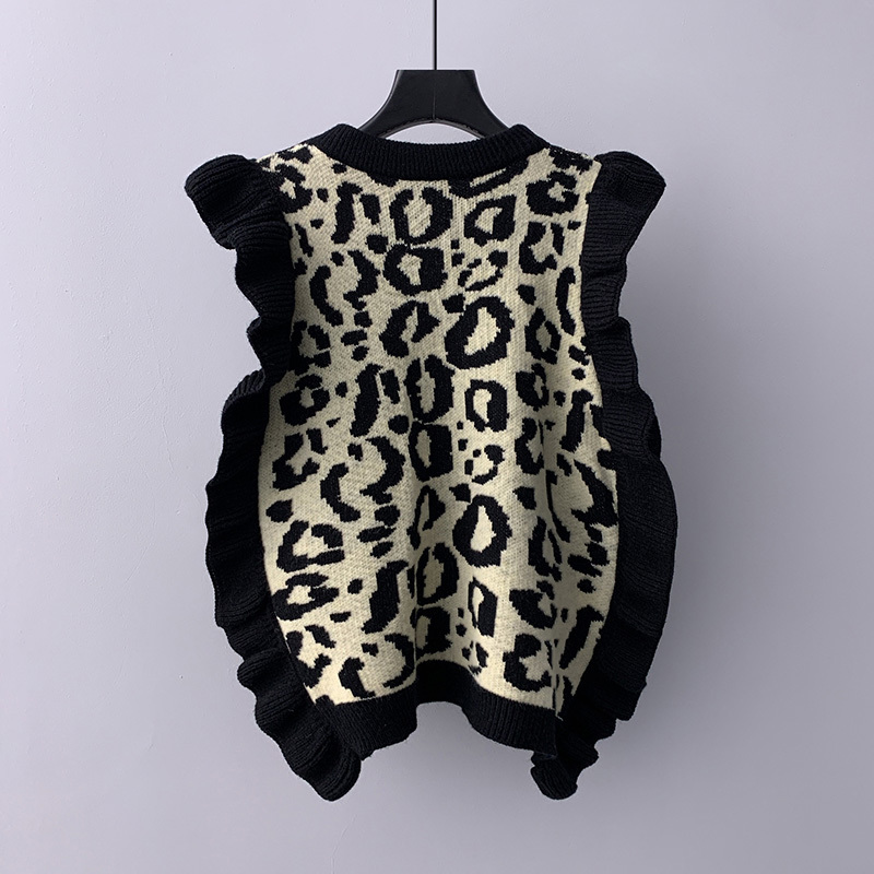 Nomikuma Spring Sleeveless Ruffle Knitted Pullover Vest Causal O-neck Women Knitwear Korean Leopard Elegant Sweater 6E121 210427