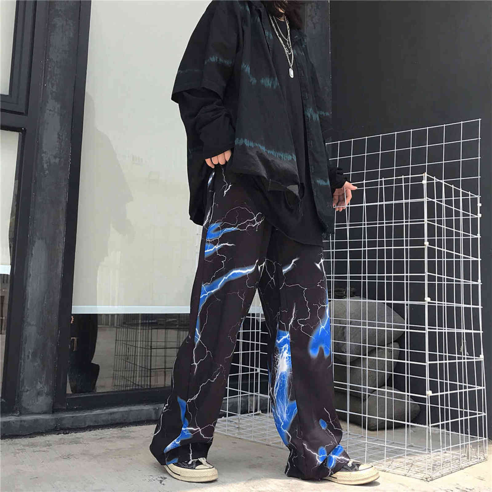 Women's pants spring and summer traf casual loose wideleg harajuku retro lightning print for women 60 211124Z