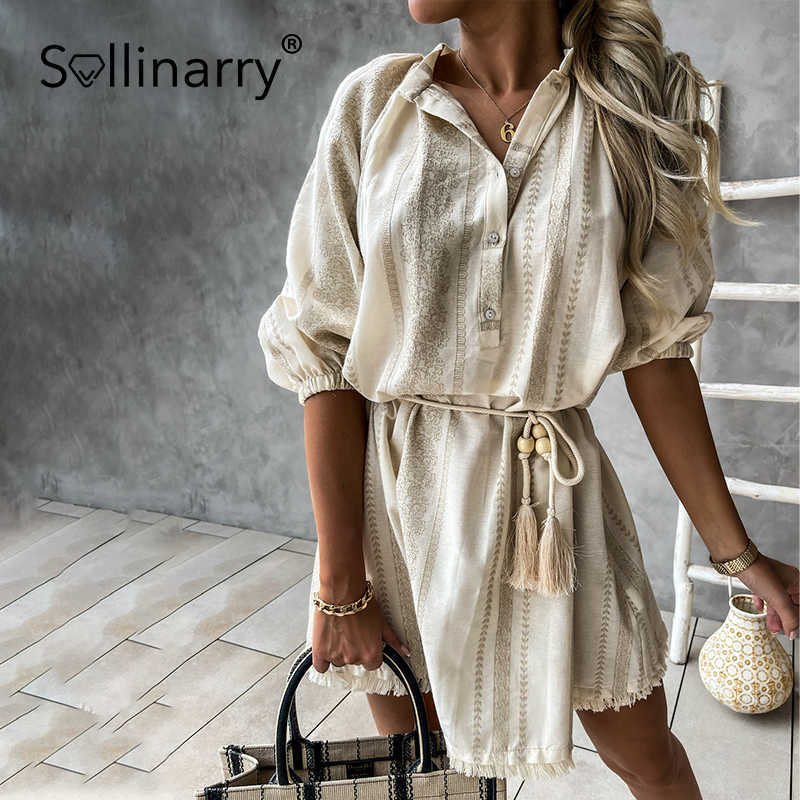 Sollinarry Autumn Beach Lace Up Women Dress Cotton Stripes A-line V Neck Female Mini Dress Regular 3/4 Sleeve Ladies Short Dress 210709