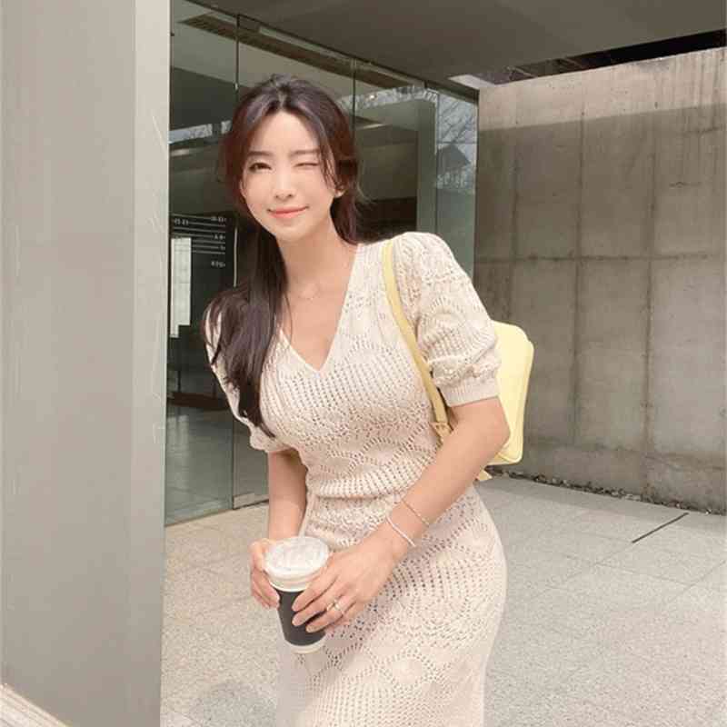 Fashion Casual Solid Sexy V-Neck Slim Korean Chic Summer Dresses Women's Short Sleeve Mid-Length Mermaid Dress 210520