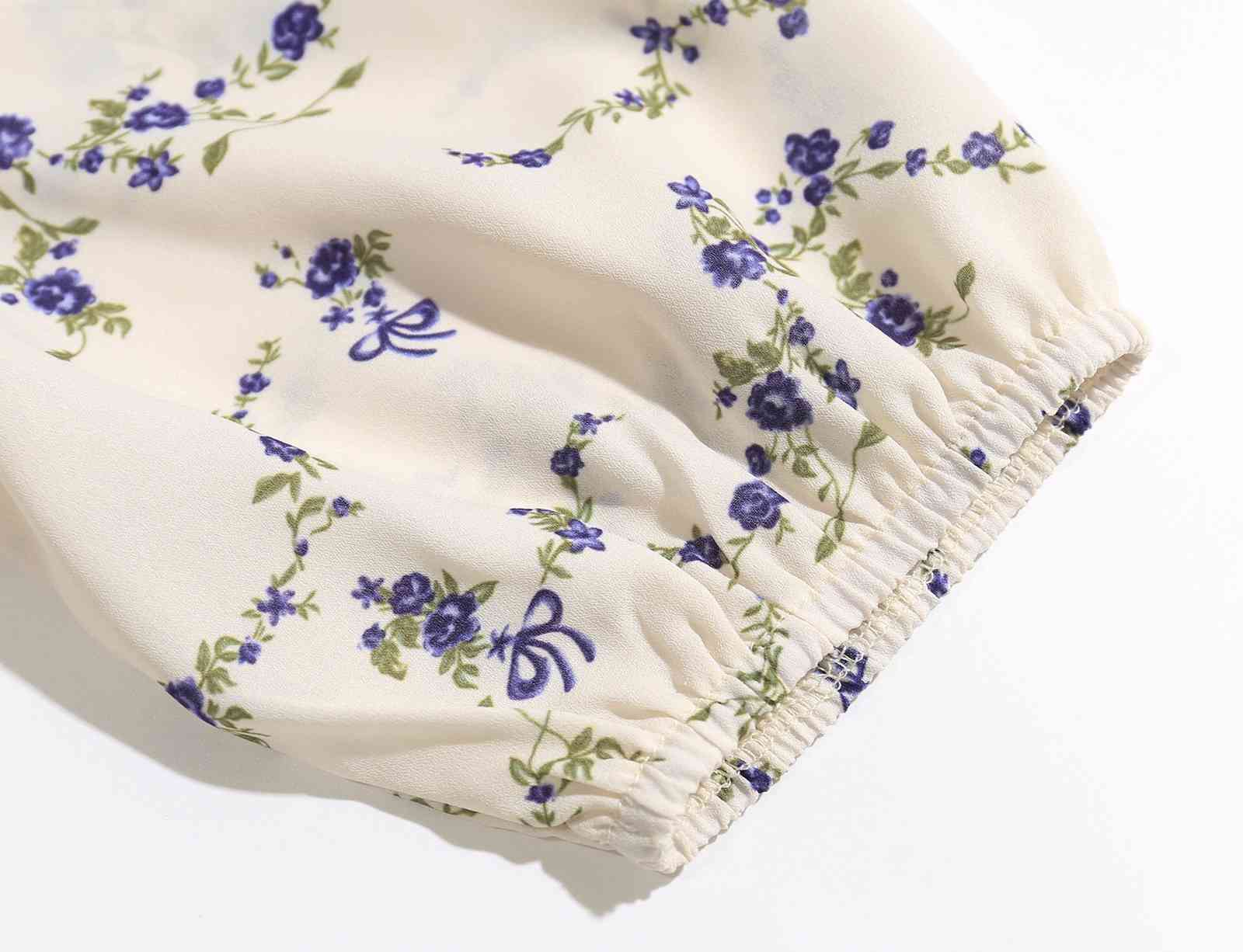 Spring Women harajuku Square Collar Shirt France Style Retro Elastic Ruched Floral Print Half Sleeve Slim Fit Blouse Tops 210429