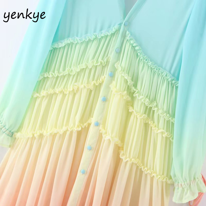 Summer Dress Women Gradient Multicolor Holiday Long Dress Romantic Lady Tassel Cuffs V Neck A-line Boho Beach Dress 210515