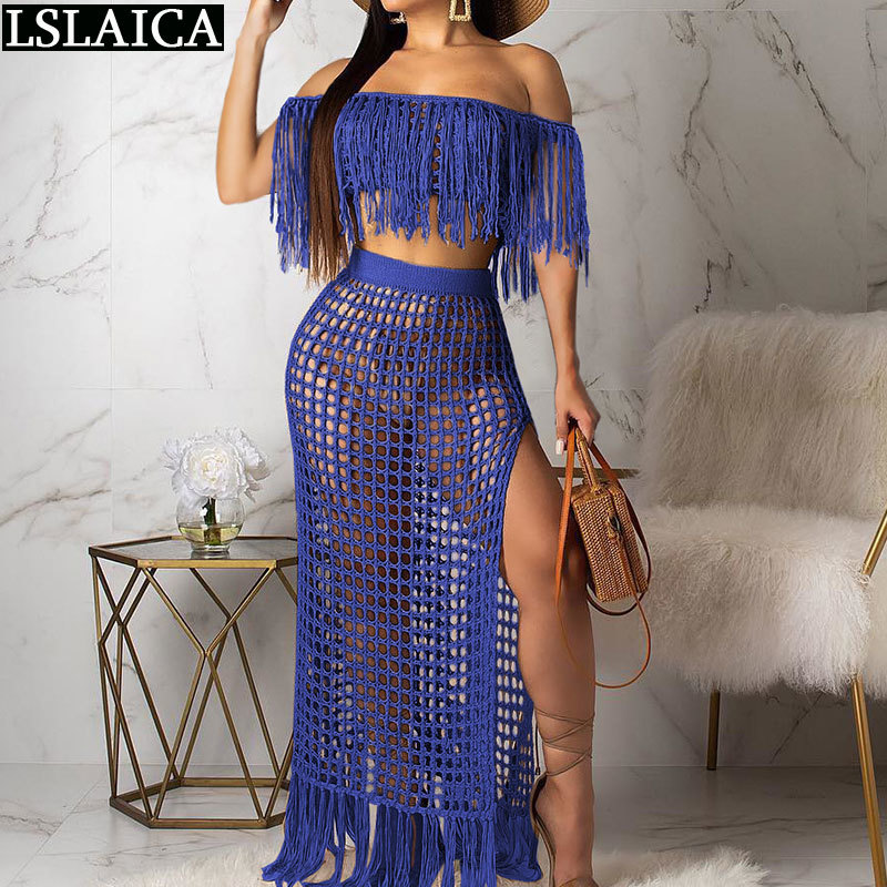Sexy Outfits for Woman Beach Night Club Fashion 2 Piece Set Women Exposed Navel Hollow Out Tassel Thigh Slit Skirt 210515