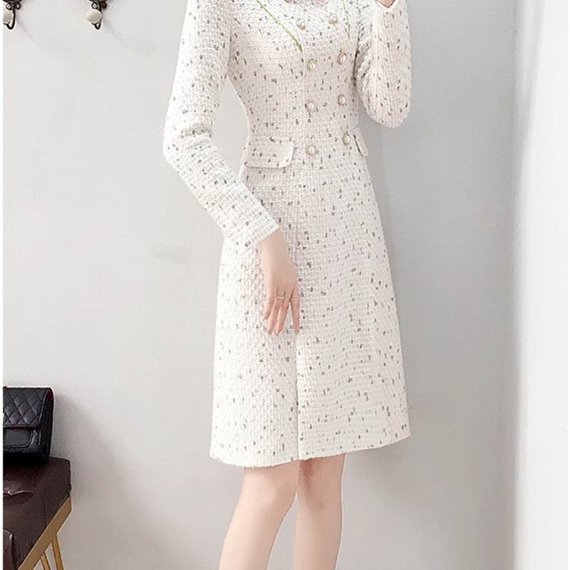 Arrival Autumn Winter Women Elegant Tweed Double Breasted Stand Collar Long Sleeve Female Fashion Chic Dresses Vestidos 210519