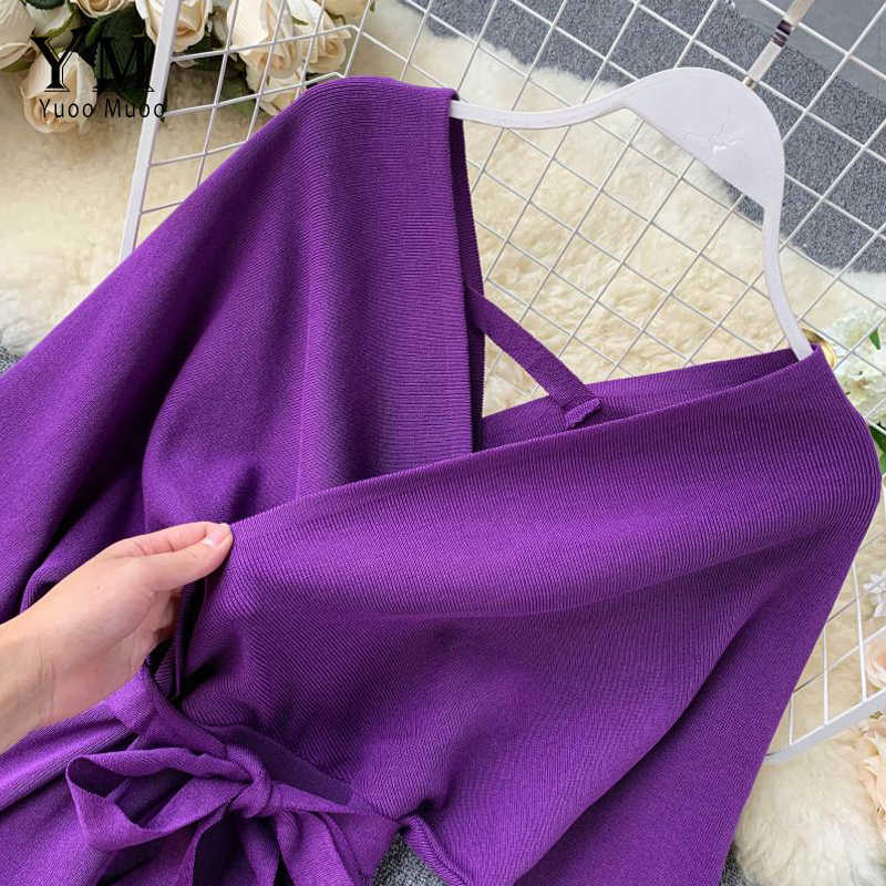 YuooMuoo Autumn Winter Women Knitted Sweater Dress Korean Long Batwing Sleeve V Neck Elegant Dress Ladies Bandage Dress 210630