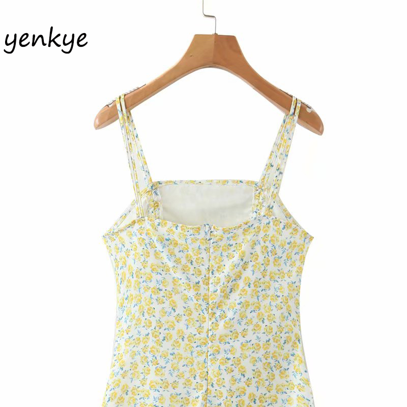 Sleeveless Sling Sexy Women Drawstring Bodycon Mini Modern Lady Yellow Floral Print Chiffon Dress Summer vestido 210515