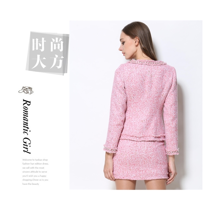 HIGH Quality Runway Winter Long Sleeve Beading Tweed Jacket Coat +Women Two Piece Skirt Set S-XXL 210520