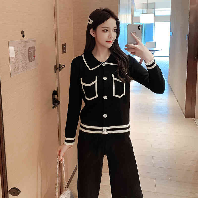 Autumn And Winter Arrival Women Vintage Elegant Sweater + 2pcs Fashion Set Casual Knit Wide Leg Pants Suit 210520