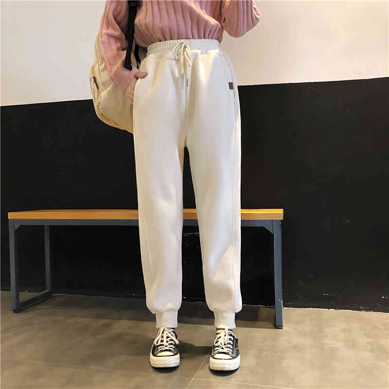 Nomikuma Womens Pants Lace Up Stretch High Waist Long Trousers Autumn Winter New Thicken Harem Sweat Pants Feminimos 6C258 210427