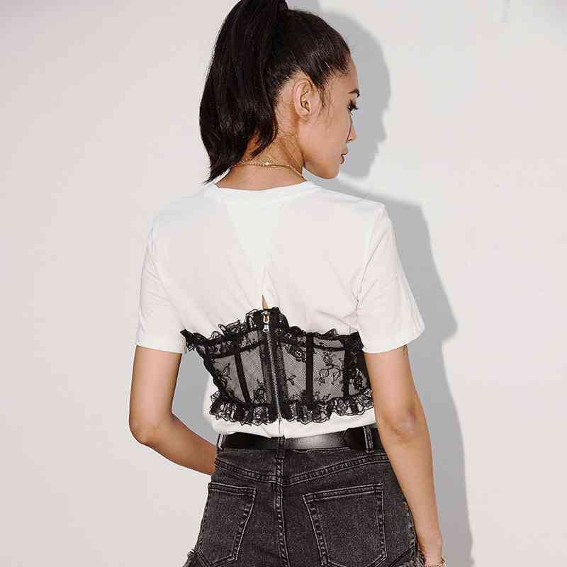 TWOWINSYLE Patchwork Lace ube op Shirt For Women O Neck Short Sleeve Casual Female Summer Fashion Clothes 210524