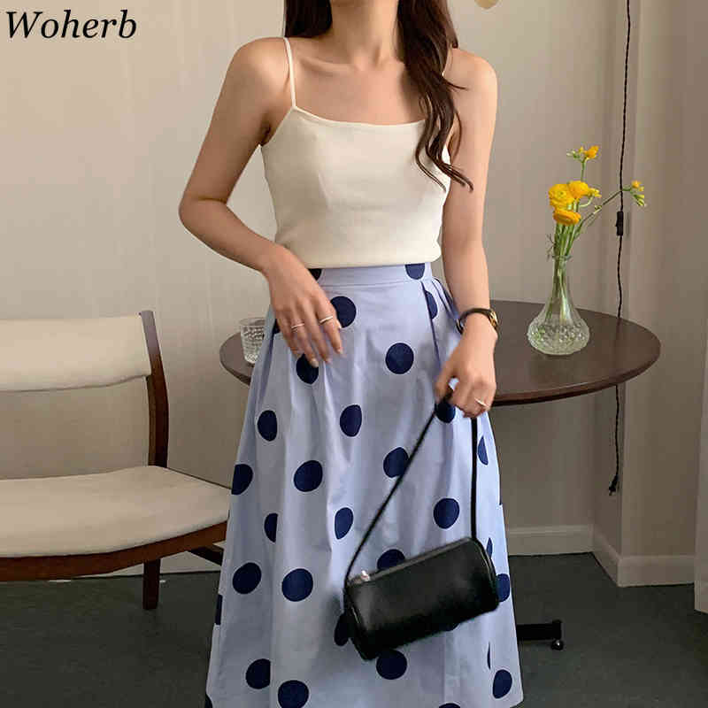 Chic Two Piece Set Women White Sling Crop Tops High Waist Polka Dot Skirt Korean Suit Ropa Mujer 2 for Woman 210519
