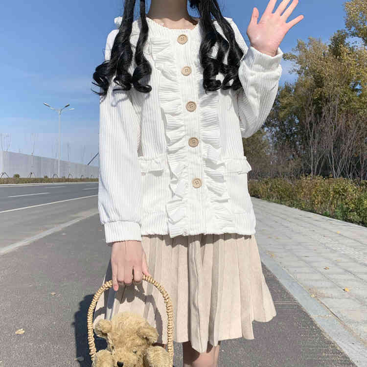 Nomikuma Japan Style Sweet Women Coat Korean Ruffle Patchwork Single Breasted Jacket Autumn Winter Thicken Outerwear 6D323 210427