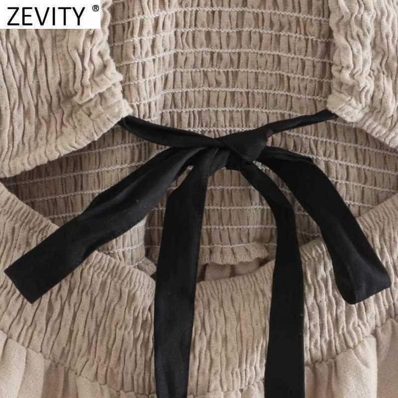 Zevity Women O Neck Elastic Short Smock Blouse French Female Sexy Backless Cross Lace Up Ruffles Shirt Chic Crop Tops LS9273 210603
