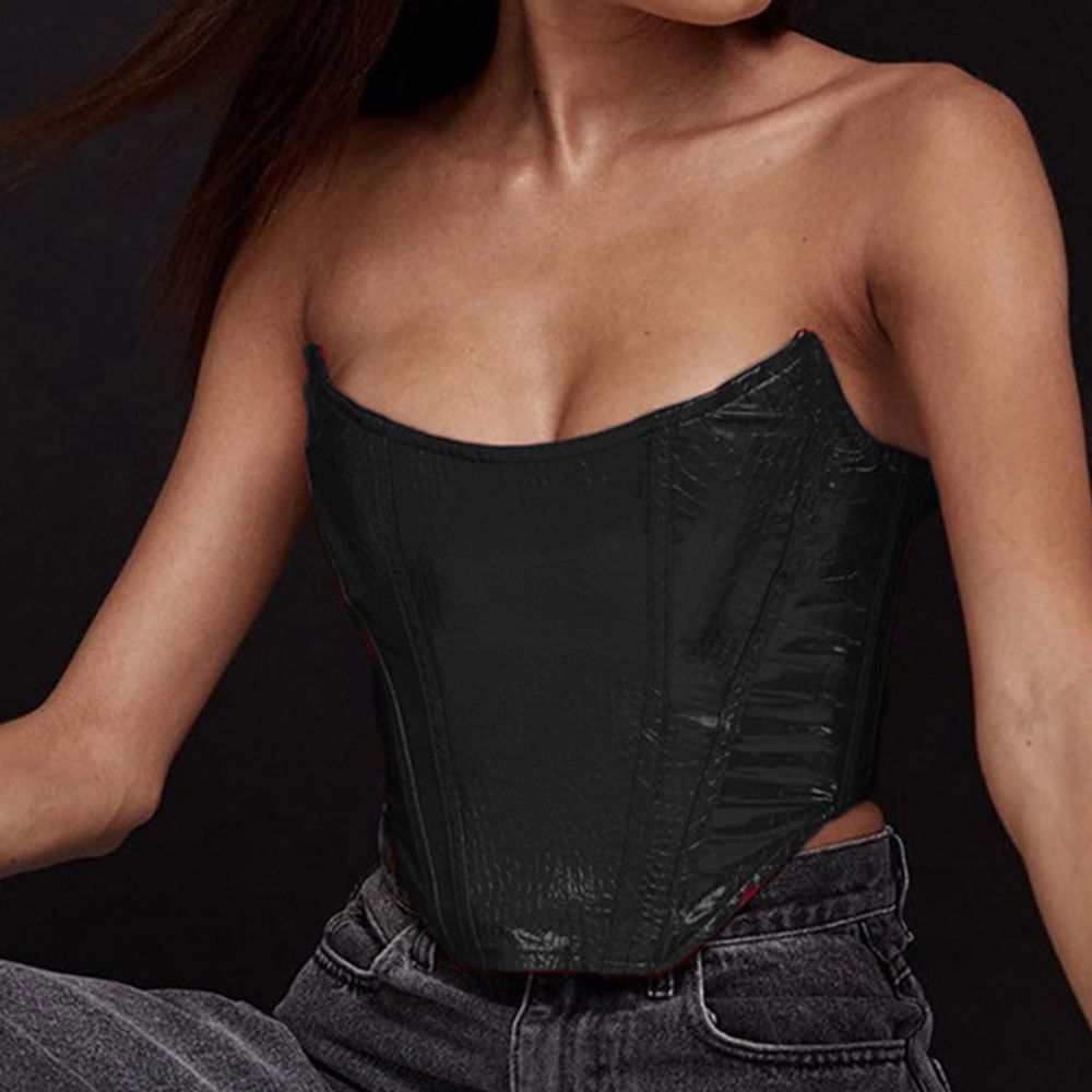 Women Sexy Sleeveless Crocodile Pattern PU Leather Tank Elegant Vintage Off shoulder Tube Top All-match Crop Tops 210428