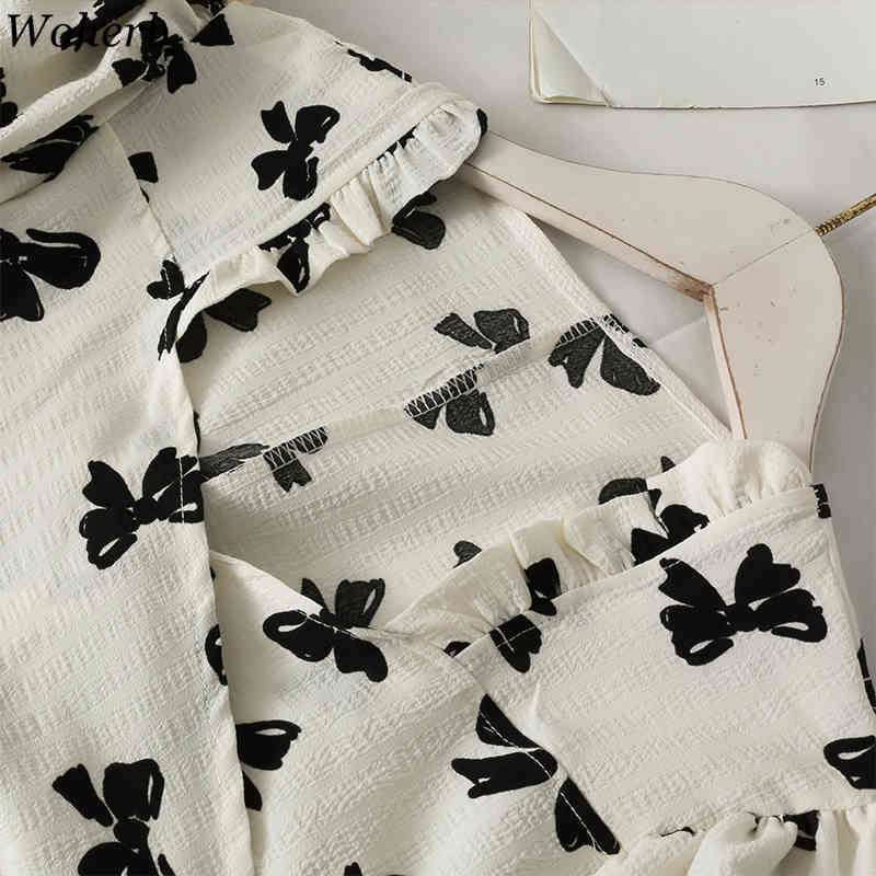Bandage Bow Print Crop Tops Women Summer Blouses Chiffon Puff Sleeve Shirts Chic V Neck Fashion Simple Blusas Mujer 210519