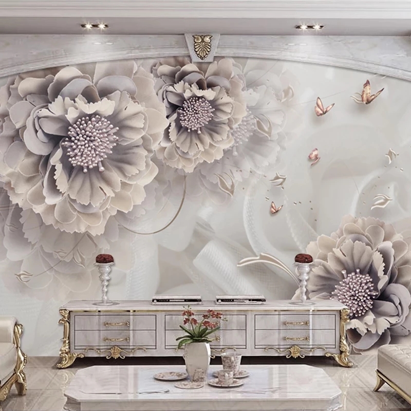 Custom 3D Wallpaper Peony Flower Butterfly Jewelry 3D Relief Painting Mural Living Room Sofa TV Background Wall
