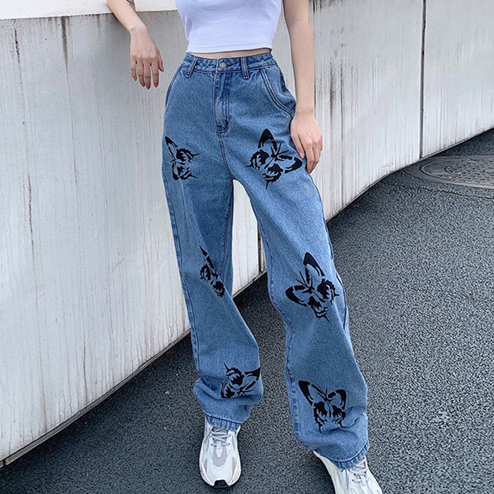 Casual High Waist Butterfly print Jeans Long Trousers Vintage Wide Leg Pants Streetwear Loose Blue 210428