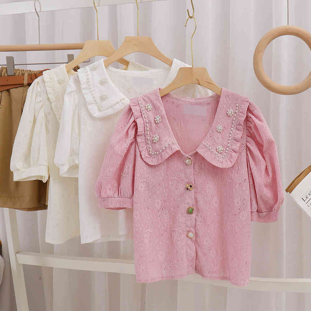 Korean Blusas Mujer Beading Peter Pan Collar Vintage Short Puff Sleeve Summer Blouses Women Tops Loose Kawaii Shirt Retro 210519