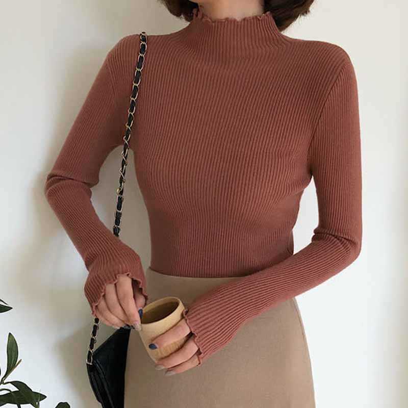 Spring Winter Fashion Slim Sweater Women Turtleneck Ruched High Elastic Solid Sexy Knitted Pullovers 6785 211011Z