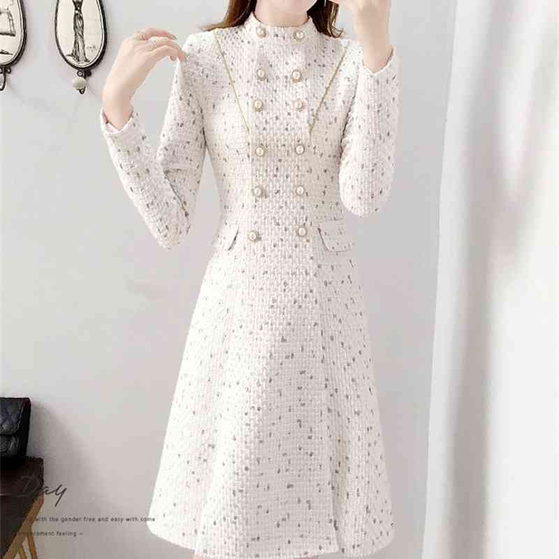 Arrival Autumn Winter Women Elegant Tweed Double Breasted Stand Collar Long Sleeve Female Fashion Chic Dresses Vestidos 210519