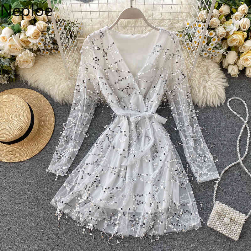 V Neck Tassel Sequined Patchwork Long Sleeve Dress High Waist Hip Slim A Line Vestido Autumn Spring Sexy Party Ropa 48650 210422Z
