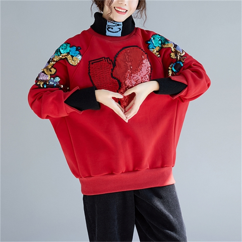 Autumn Winter Fashion Women Loose Batwing Sleeve Long Pullovers Thicken cotton Sequin embroidery Casual Hoodies T6446 210512