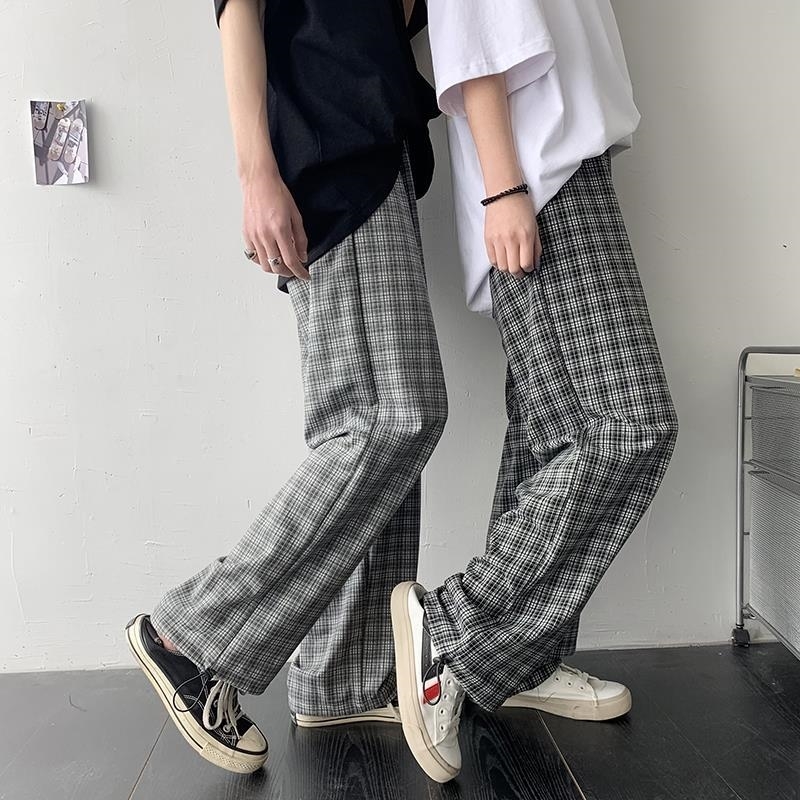 Wonder Spring Casual Pant Straight Plaid Vintage Wide Leg Korean Streetwear Long Trousers Bottom 210510