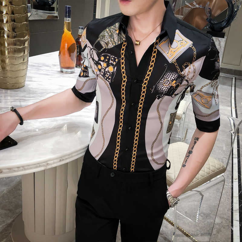 Chain Printing Shirt Men Half Sleeve Casual Slim Fit Dress Shirts Streetwear Night Club Blusa Camisas Para Hombre 210527