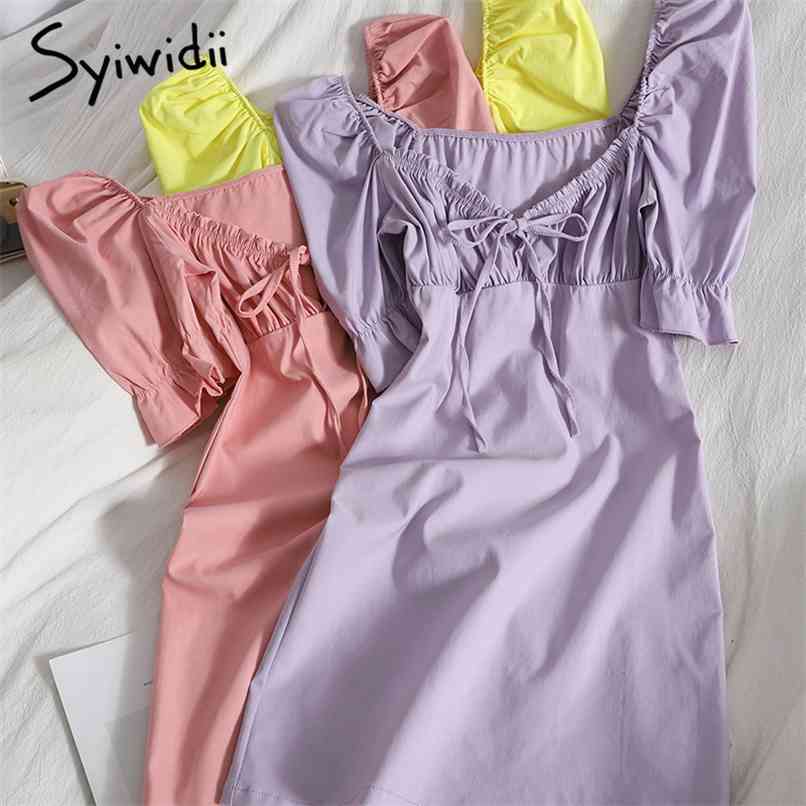 Boe Lace Up Womens Dresses High Waist V-Neck Puff Sleeve A-Line Solid Pink Green Summer Korean Fashion Clothing 210607, Purple 
Boe Lace Up Womens Dresses High Waist V-Neck Puff Sleeve A-Line Solid Pink Green Summer Korean Fashion Clothing 210607, Purple