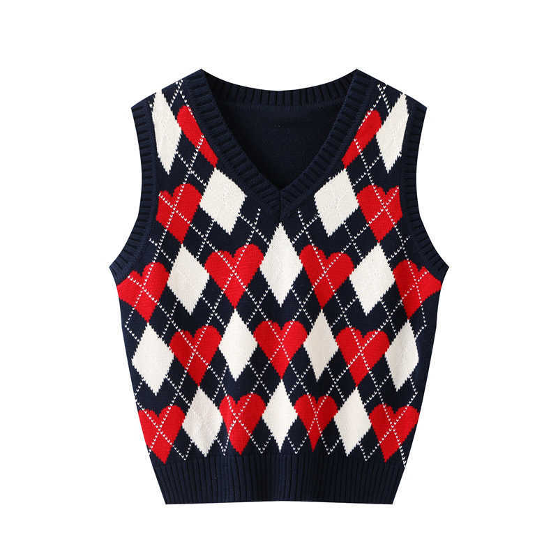 PUWD Slim Girls Bomb Arglye Sweaters Spring-Autumn Fashion Ladies Sweet V-Neck Knitted Vest Vintage Women Chic Knitwear 211014